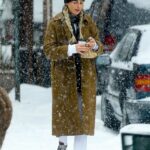 Paige Lorenze in a Black Beanie Hat Walks Her Dog Under the Snow in New York
