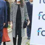 Queen Letizia of Spain in a Grey Coat Attends Working Meeting of the Foundation for Help Against Drug Addiction in Madrid
