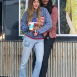 Simi Khadra in a Blue Patriotic Sweater Goes Out for Coffee at Alfred Coffee in West Hollywood
