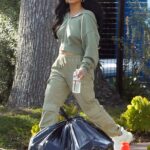 Becky G in an Olive Outfit Takes a Break while Shooting a Commercial in Los Angeles
