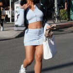 DaniLeigh in a Blue Mini Skirt Grabs Lunch in Beverly Hills