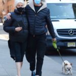 Hugh Jackman in a Black Jacket Walks His Dog Dali Out with Deborra-Lee Furness around Manhattan’s Downtown Area in NYC
