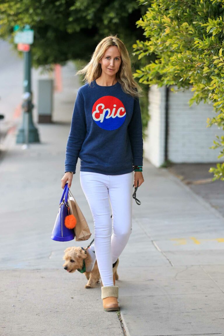 Lady Victoria Hervey in a Blue Epic Sweater Walks Her Dog in Los