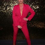 Amy Childs in a Red Suit at The Only Way is Essex TV Show Filming in Essex