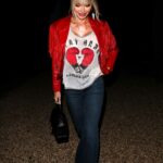 Chloe Sims in a Red Leather Jacket at The Only Way is Essex TV Show Filming in Essex
