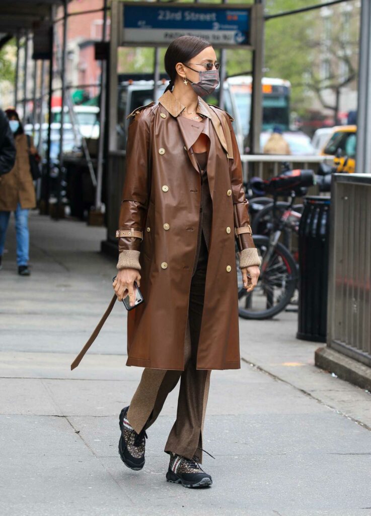 Irina Shayk in a Tan Leather Trench Coat