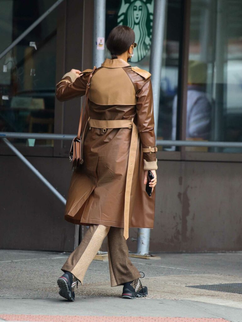 Irina Shayk in a Tan Leather Trench Coat