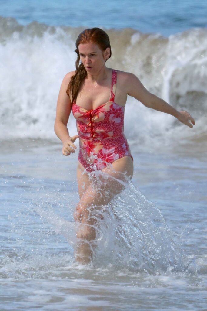Isla Fisher in a Red Floral Swimsuit