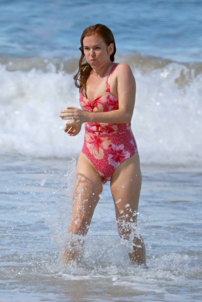 Isla Fisher in a Red Floral Swimsuit