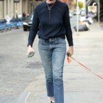 Jenna Lyons in a Blue Sweater Walks Her Dog in Soho, New York