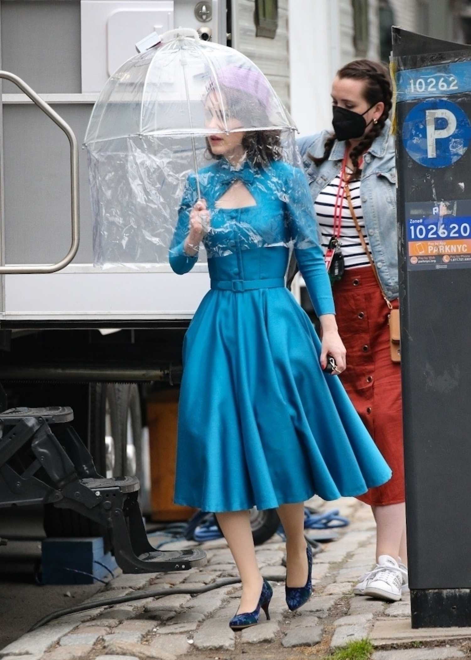 Rachel Brosnahan in a Blue Dress on the Set of The Marvelous Mrs ...