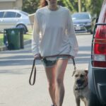 Anna Osceola in a White Long Sleeves T-Shirt Walks Her Dog in Los Feliz