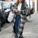 Emilia Clarke in a Plaid Coat Goes Shopping in London