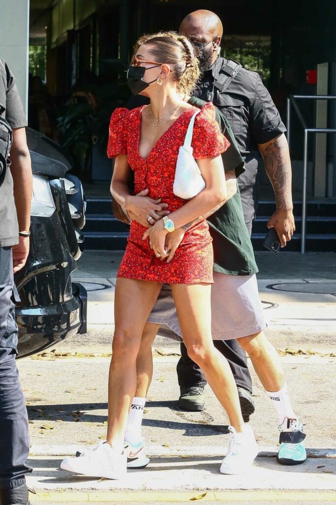 Hailey Bieber in a Red Mini Dress