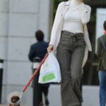 Sofia Palazuelo in a Beige Cardigan Walks Her Dog in Madrid