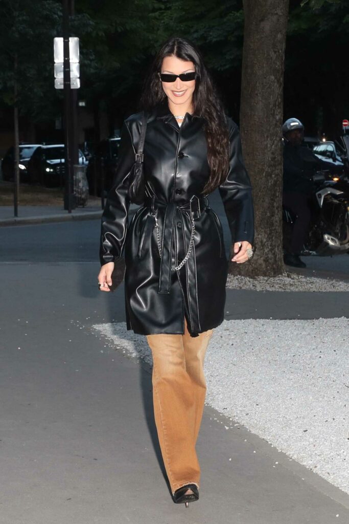 Bella Hadid in a Black Leather Trench Coat