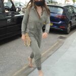 Elizabeth Hurley in an Olive Jumpsuit Arrives at Cambio De Tercio Restaurant in Chelsea