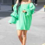 Maya Jama in a Green Dress Arrives at Morning Live Studios in London