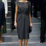 Queen Letizia of Spain in a Black Dress Arrives at Mutua Madrilena Headquarters in Madrid