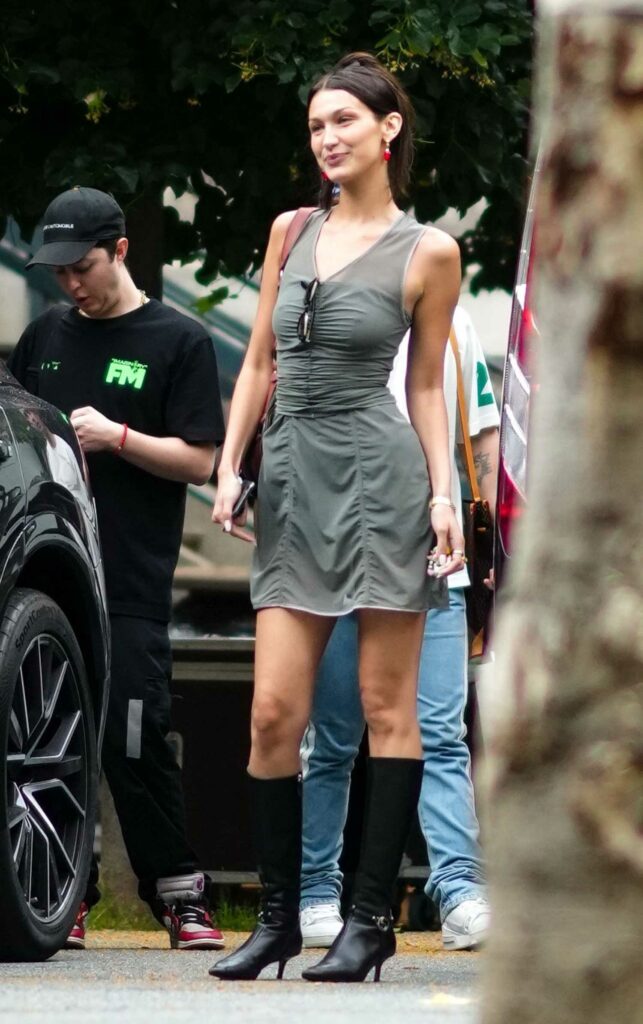 Bella Hadid in a Grey Dress