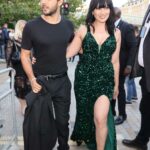 Daisy Lowe in a Green Thigh High Split Dress Arrives at DAZN Matchroom in London