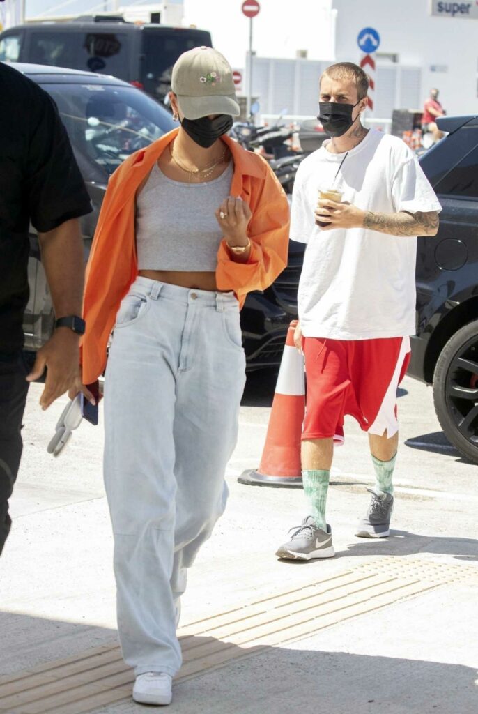 Hailey Bieber in an Orange Shirt
