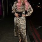 Amelia Lily in an Animal Print Dress Arrives at Ballie Ballerson Bar in Shoreditch, London