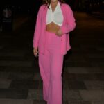Sharon Gaffka in a Pink Suit Heads Out for Dinner in West London