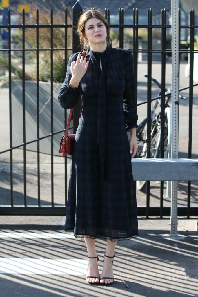 Alexandra Daddario in a Blue Plaid Dress