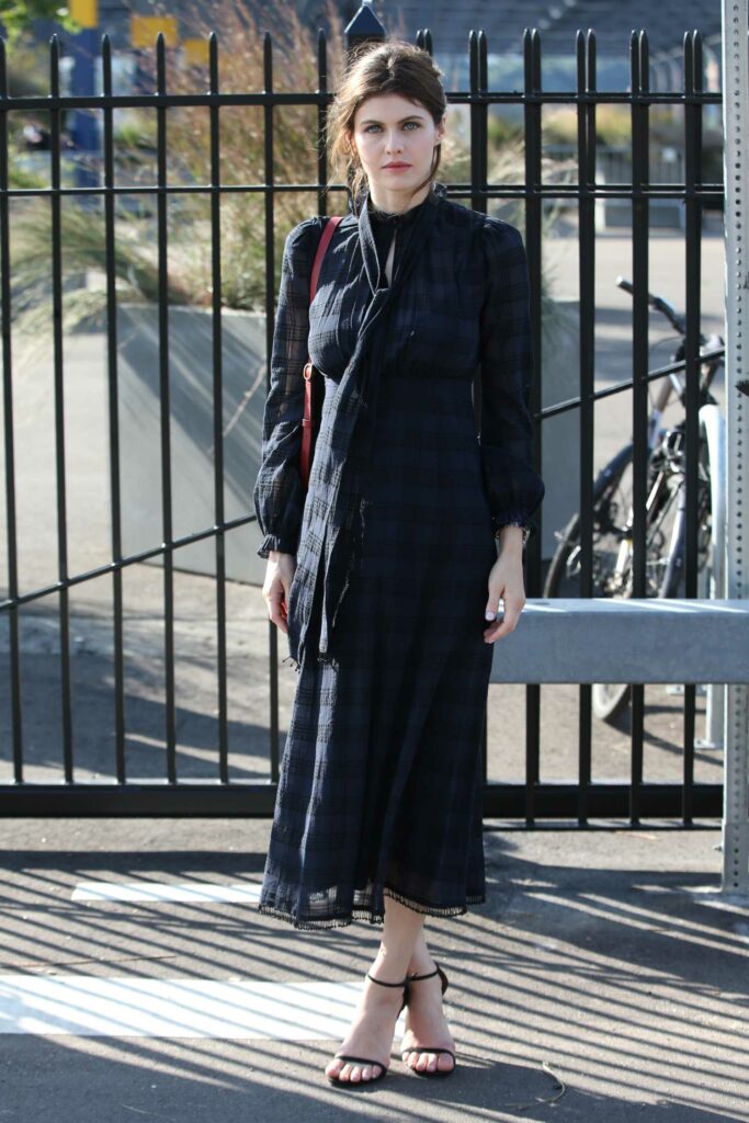 Alexandra Daddario in a Blue Plaid Dress
