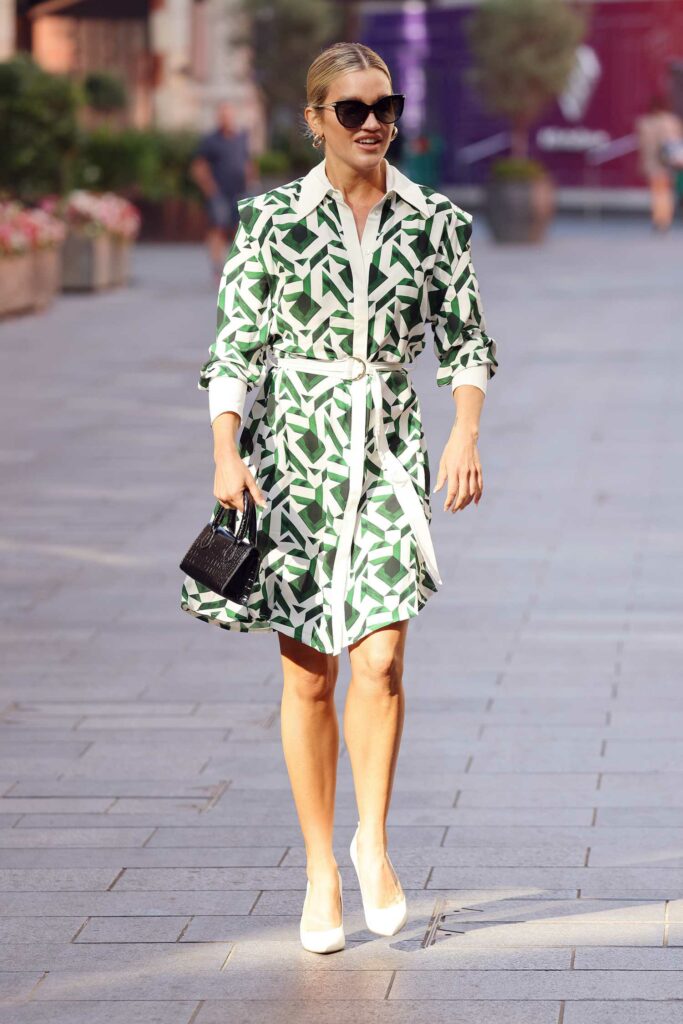 Ashley Roberts in a White and Green Patterned Dress