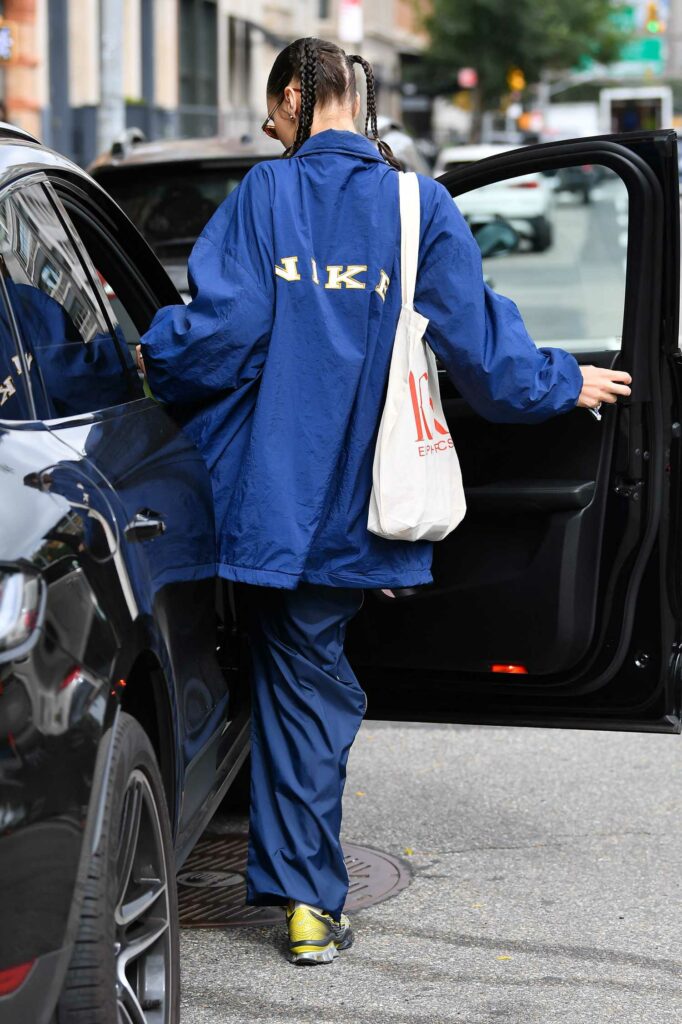 Bella Hadid in a Blue Nike Jacket