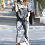 Elisabetta Canalis in a Grey Sweatshirt Walks Her Dog in West Hollywood