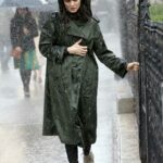 Rachel Weisz in a Green Trench Coat in the Rain on the Set of Dead Ringers in New York