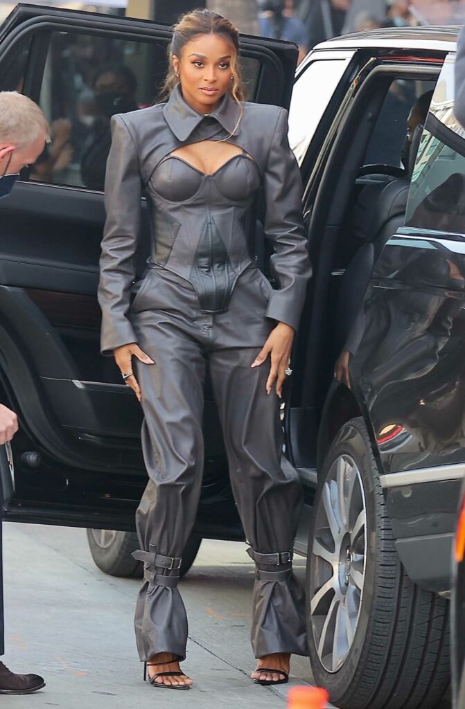 Ciara in a Grey Leather Jumpsuit