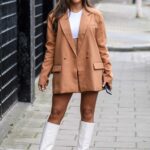 Elma Pazar in a Beige Suit Arrives at an All Star Entertainment Photoshoot in London