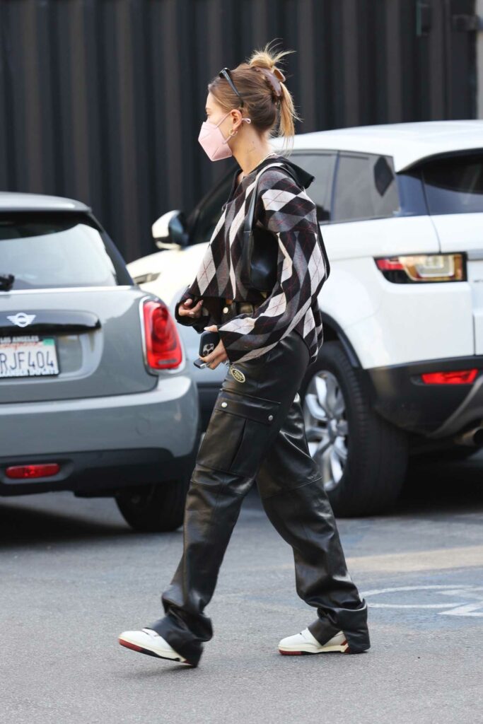 Hailey Bieber in a Black Leather Pants