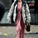 Jessika Power in a Grey Jacket Leaves Her Hotel in Central London