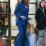 Luann De Lesseps in a Blue Pantsuit Checks Out from Her Hotel in New York