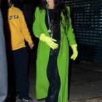 Rihanna in a Green Coat Leaves Dinner in New York City