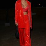 Sharon Gaffka in a Red Pantsuit Leaves Isabels Mayfair in London