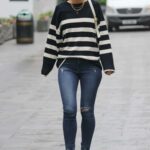 Vogue Williams in a Striped Sweatshirt Leaves the Heart Radio Studios in London