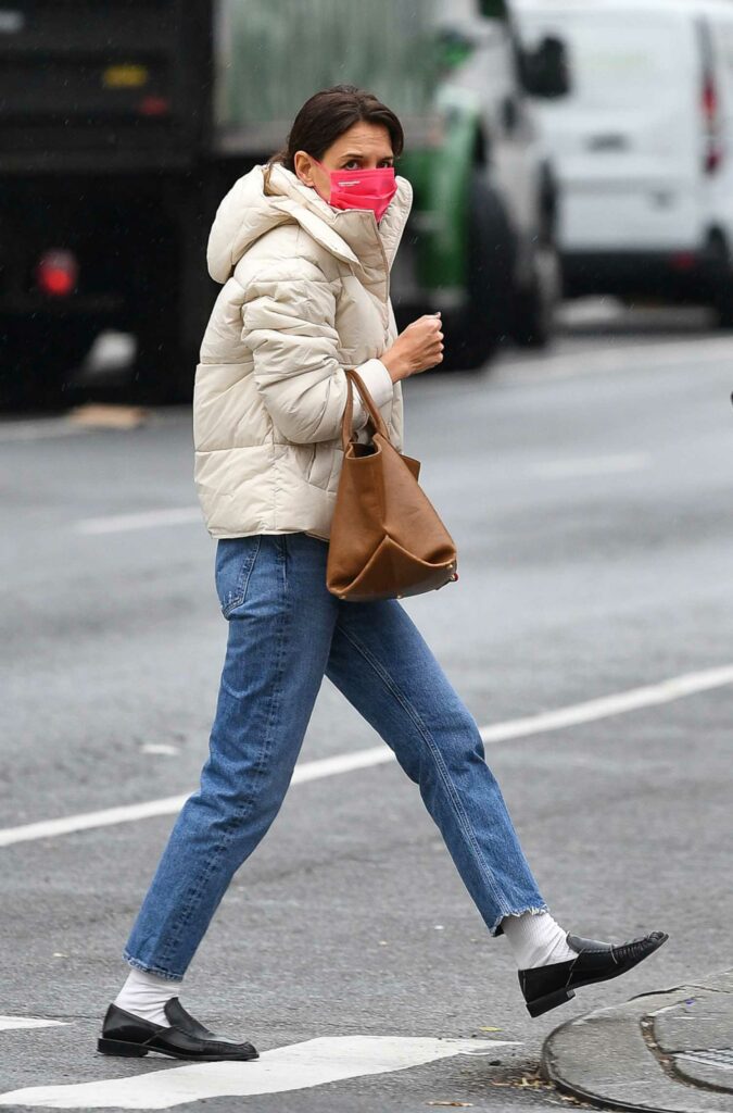 Katie Holmes in a Red Protective Mask