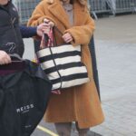 Kimberley Walsh in a Tan Faux Fur Coat Arrives at the BBC Studios in London