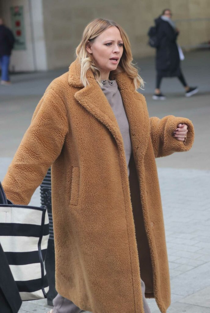 Kimberley Walsh in a Tan Faux Fur Coat