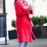 Nicole Scherzinger in a Red Coat Stops to Take Photos while at The Grove with Friends in Los Angeles