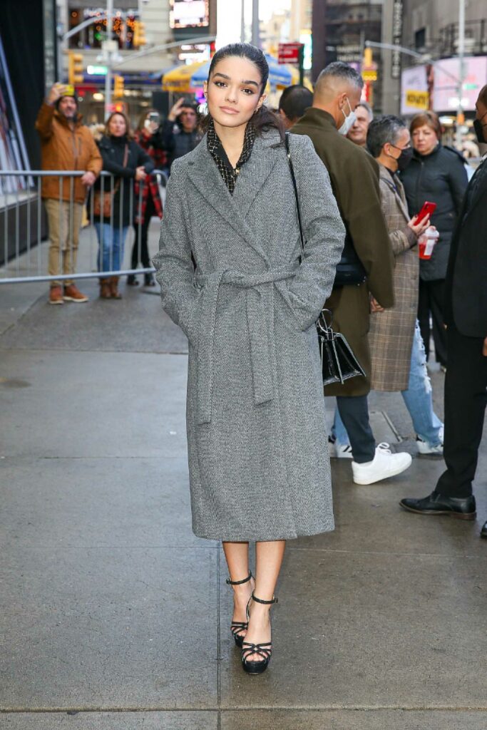 Rachel Zegler in a Grey Coat