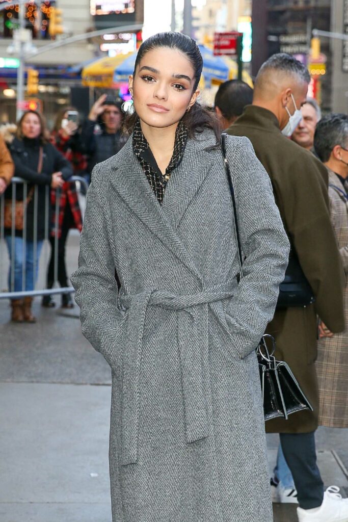 Rachel Zegler in a Grey Coat