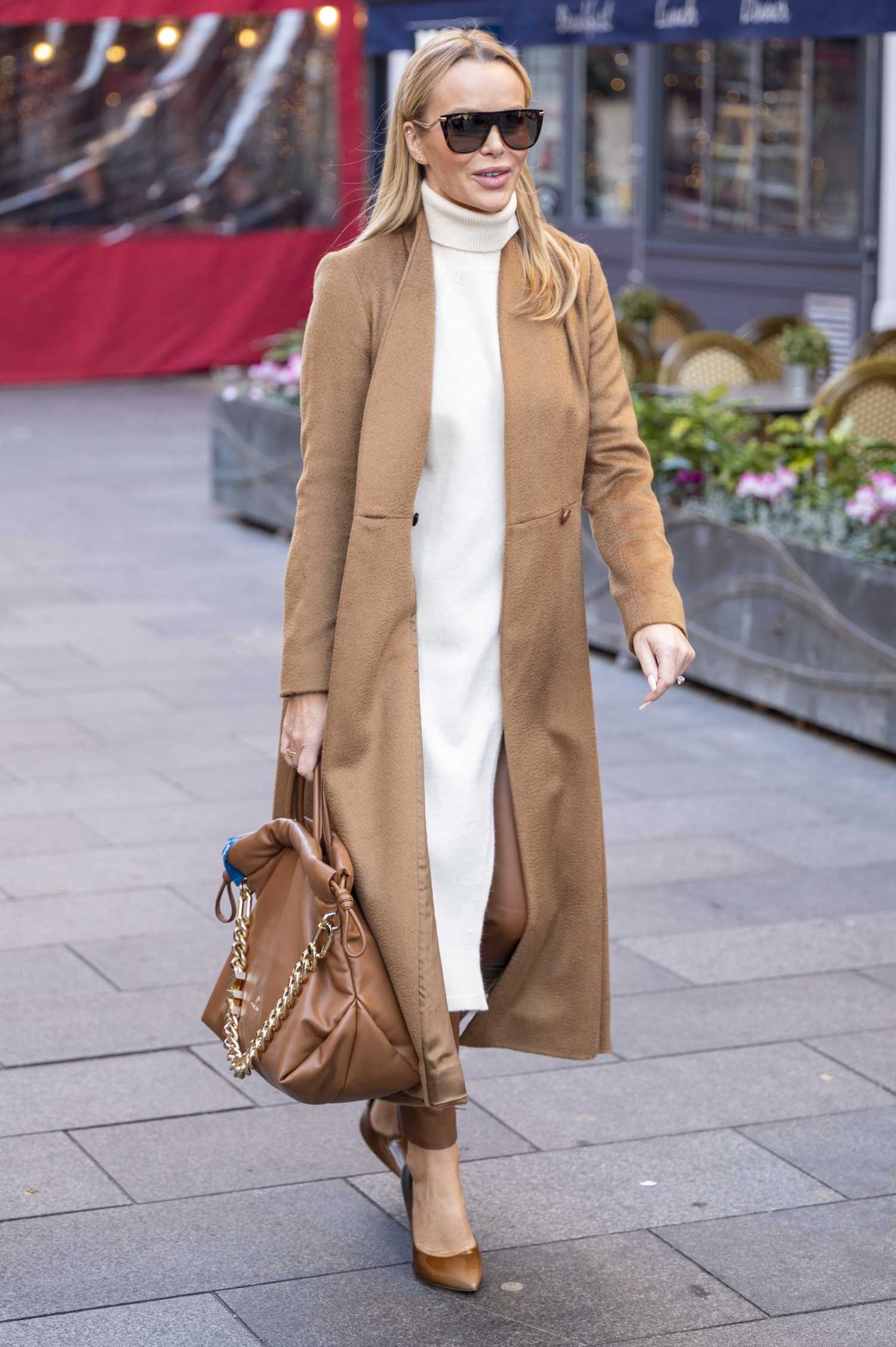 Amanda Holden in a Caramel Coloured Coat Leaves the Heart Radio in