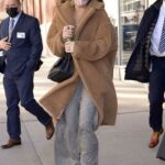 Brooke Shields in a Tan Teddy Bear Fur Coat Exits The Drew Barrymore Show in New York
